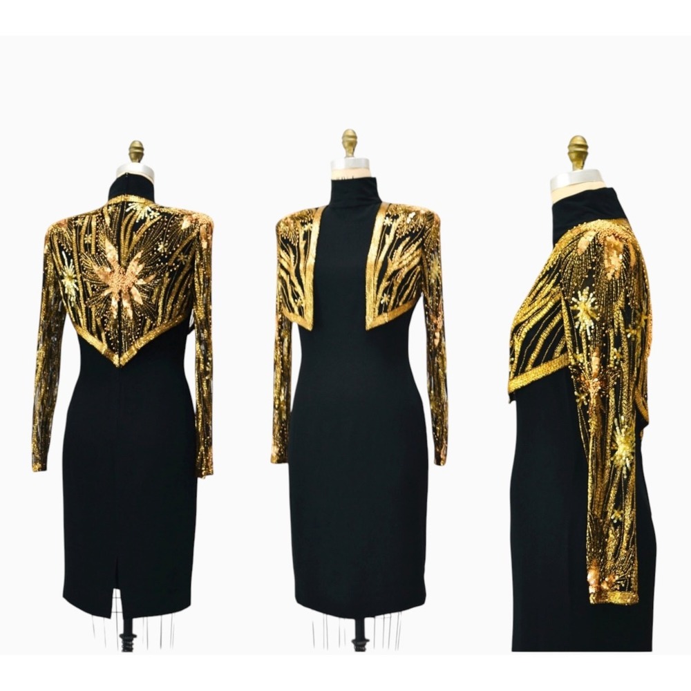 Bob Mackie Dress Vintage Black Gold Beaded Sequin Mock Neck Evening Size 10